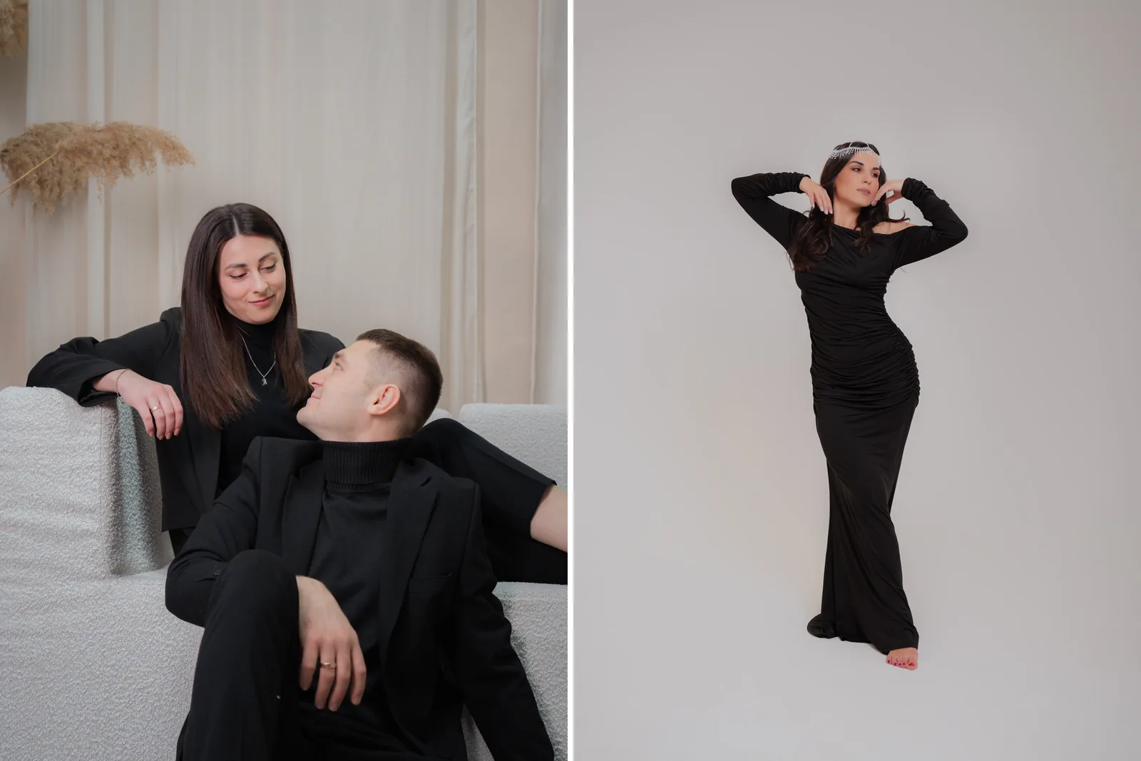 Diptic din portofoliul DIMAX STUDIO — un cuplu fotografiat în studio și un portret editorial în rochie neagră