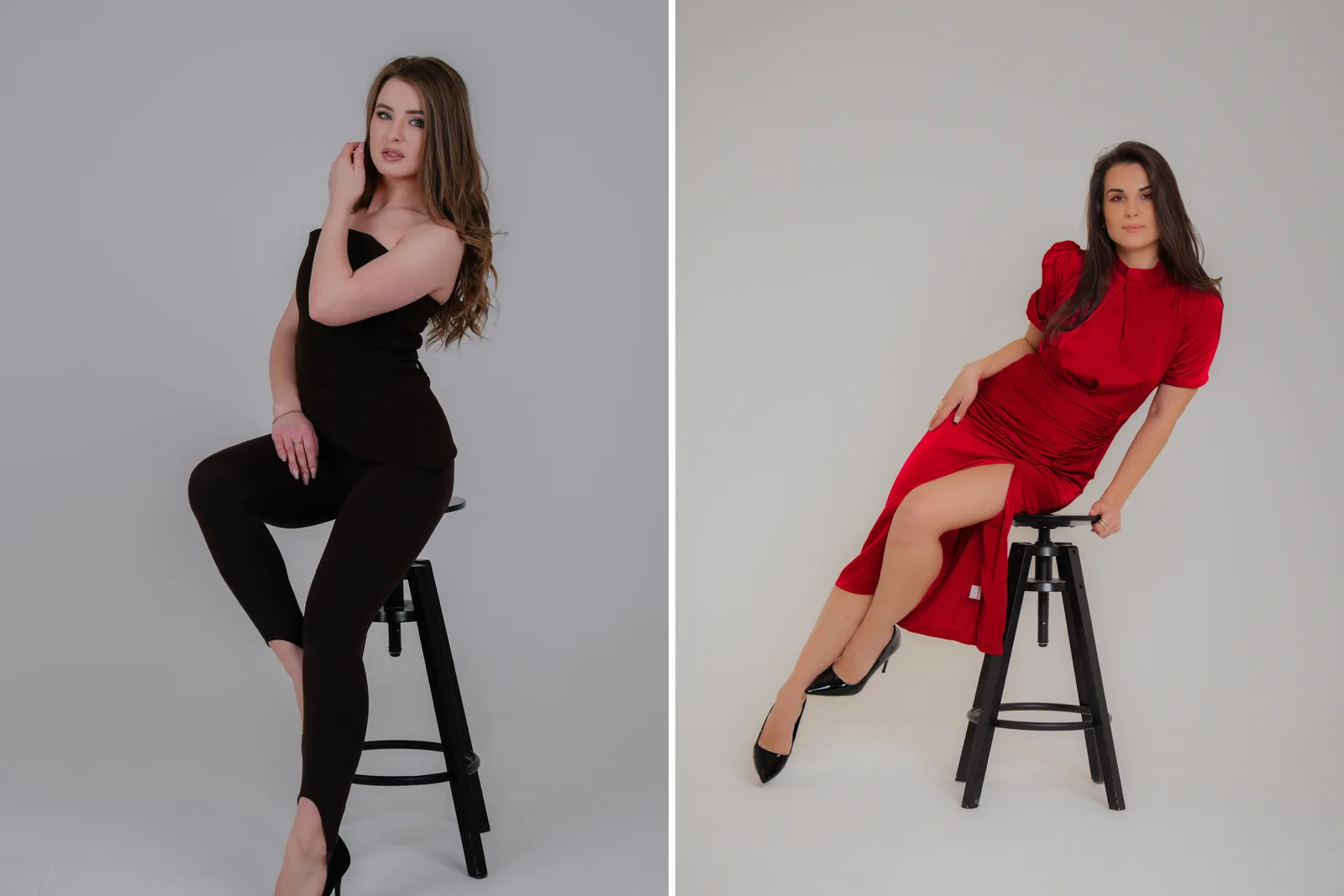 Diptic din portofoliu — portret pe scaun înalt în studio și portret în rochie roșie