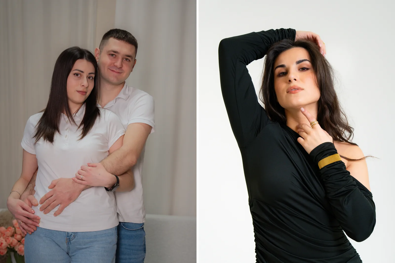 Diptic din portofoliu — cuplu îmbrățișat în studio și portret apropiat în ținută neagră